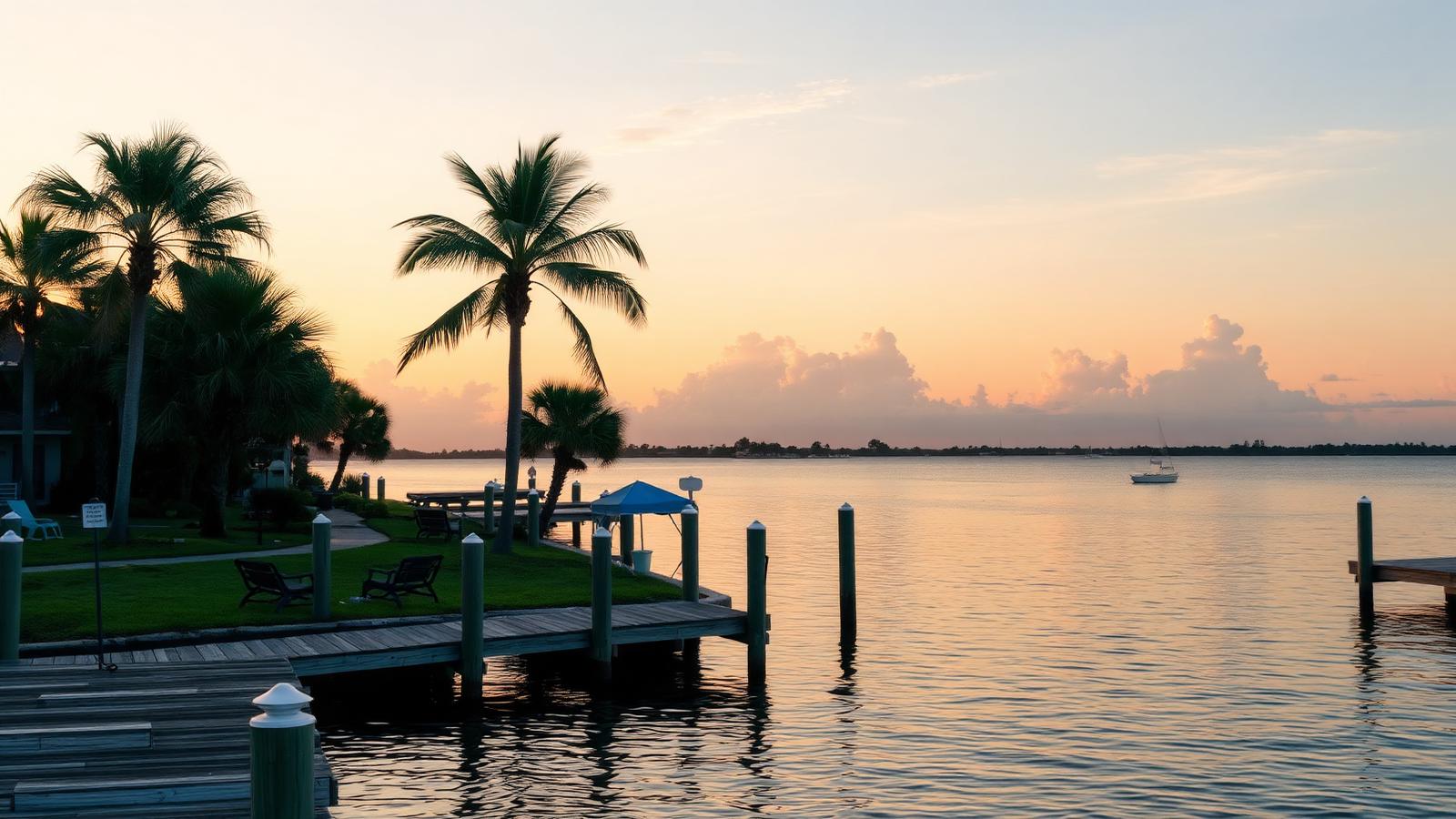 Gulfport waterfront dock at sunset with palm trees and a sailboat on Boca Ciega Bay