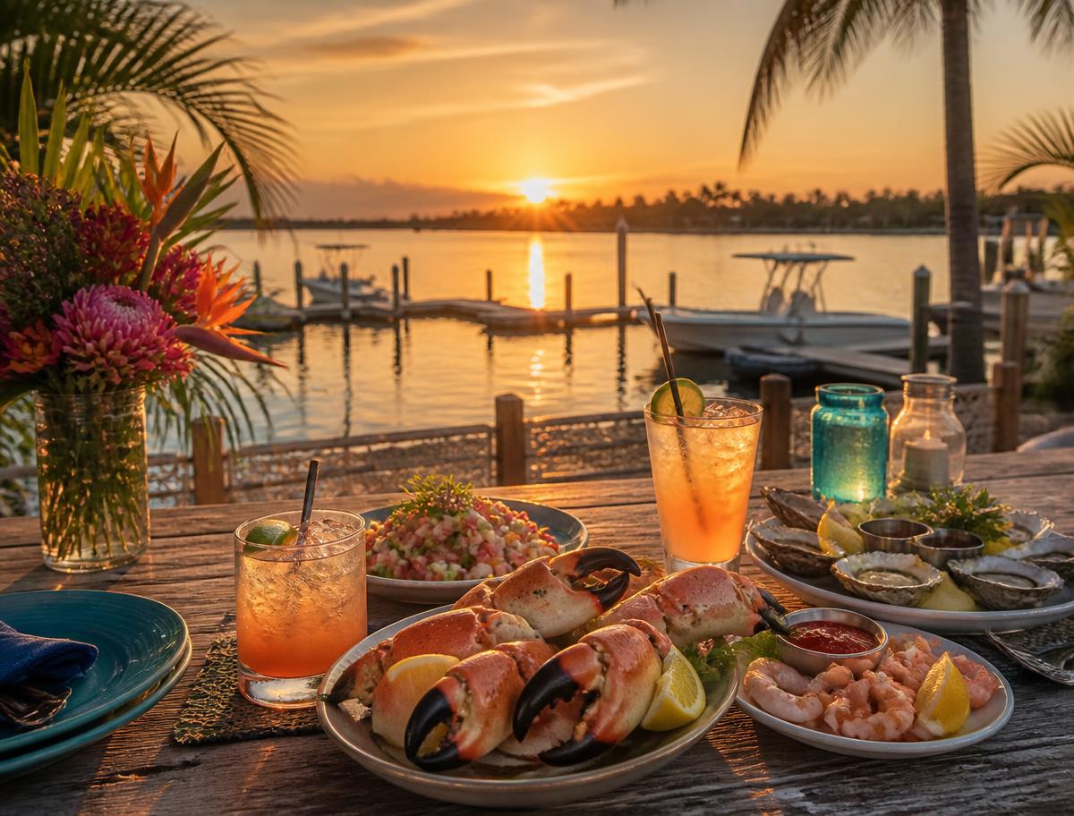 Outdoor waterside dining at sunset with fresh Florida seafood and cocktails