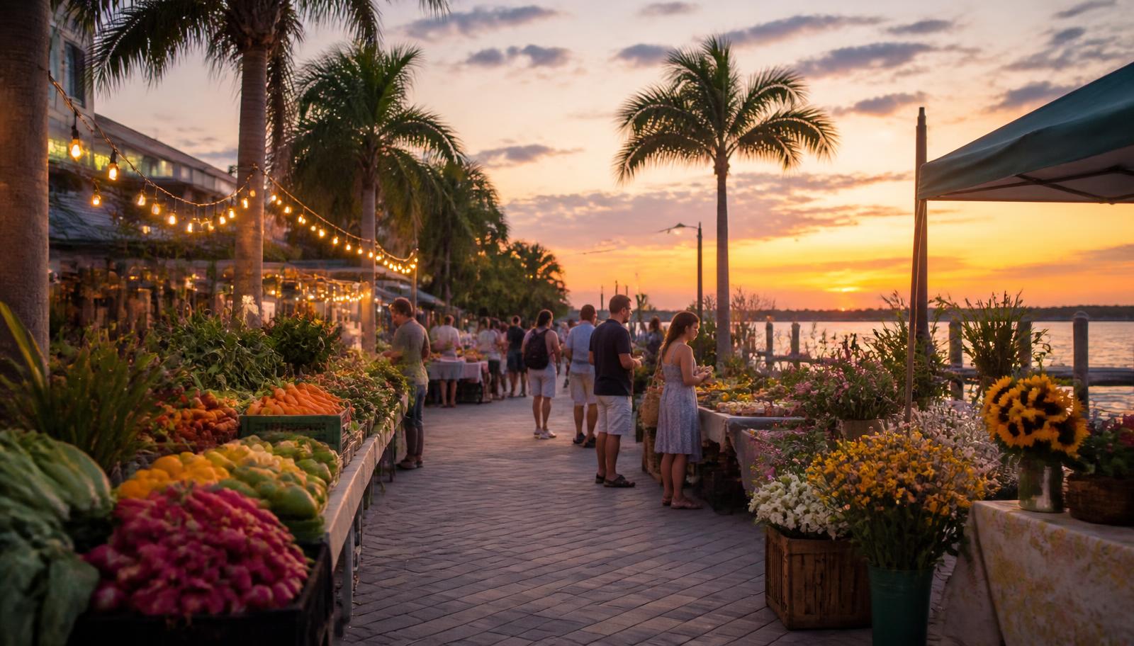 Outdoor waterfront market at sunset with flowers and produce under string lights