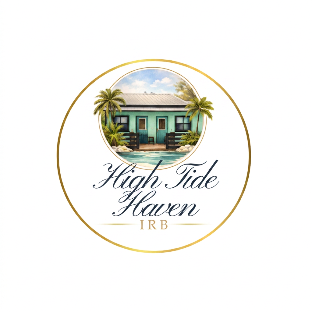 High Tide Haven — orange coastal cottage exterior with palm trees