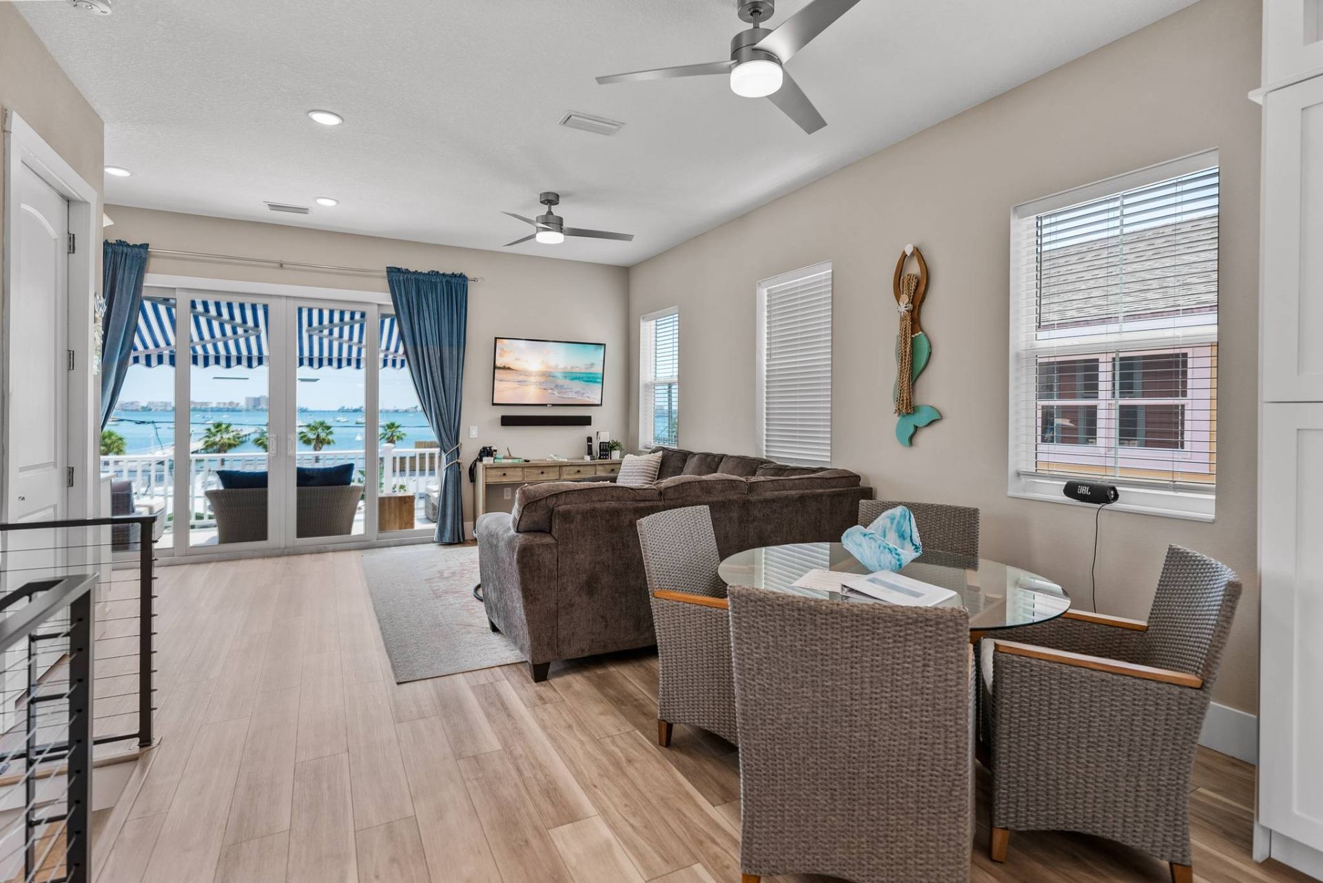 Main living and dining area with water views