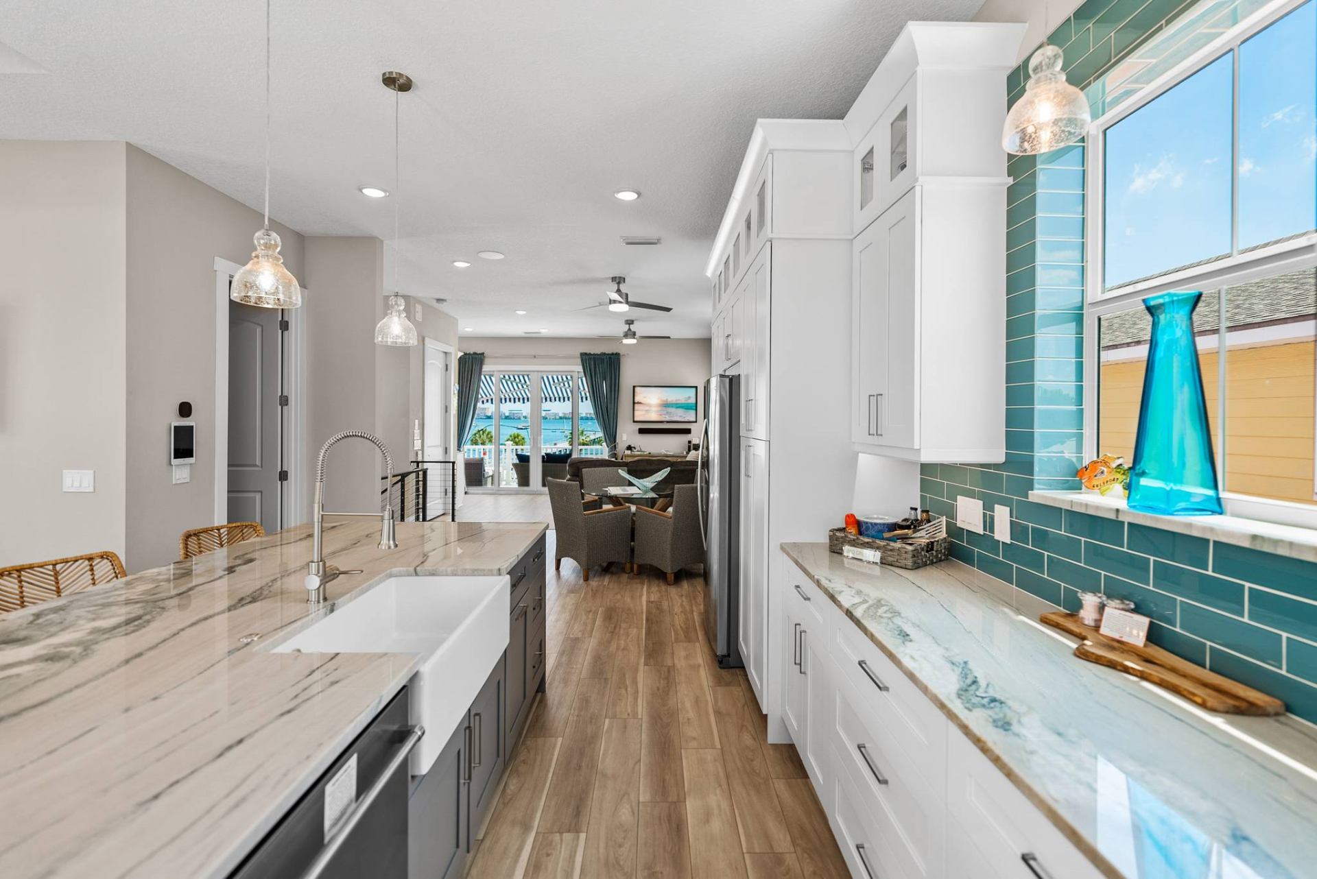 Galley kitchen view toward the bay-facing living area