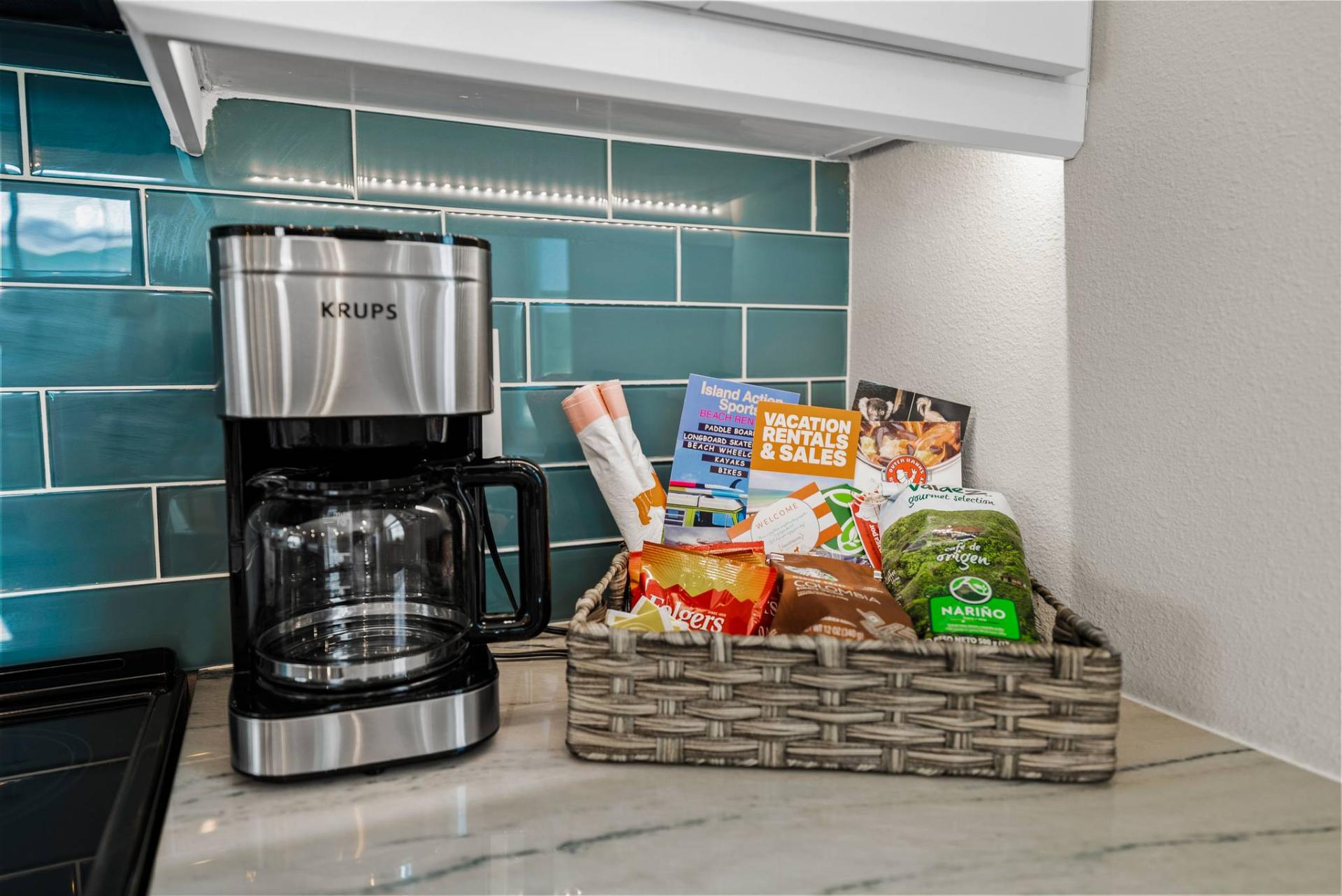 Coffee station with welcome basket of treats